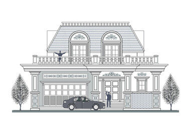 Facade of 2 storeys asymmetrical modern classic house with 2 doors, 3 windows, 4 columns, balustrade, frames, decoration, stair, balcony, canopy, curve lines and trapezoidal roof.