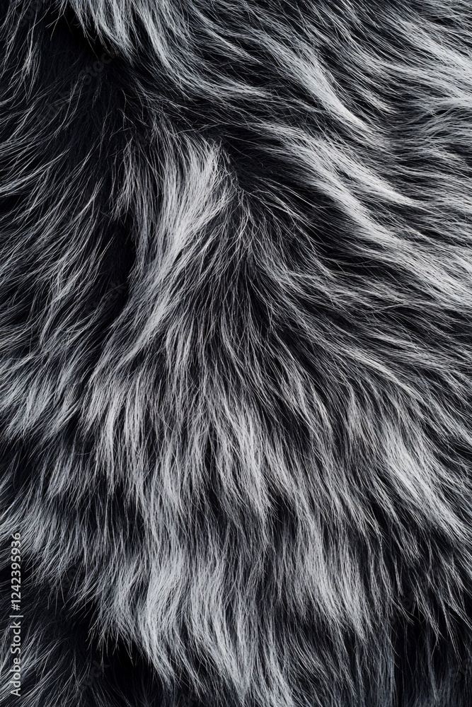 Poster plush black and white fur with flowing strands for a luxurious and untamed look