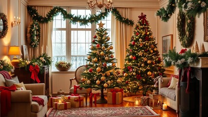 Fototapeta premium Elegant living room adorned with Christmas decorations including a beautifully decorated tree, sparkling lights, and festive garlands, cozy, Christmas, decoration