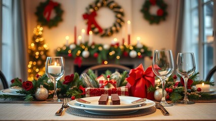 Elegant table setting with festive Christmas decorations in a cozy living room, holiday, dinner, tableware
