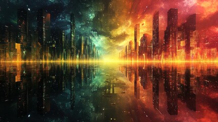 Obraz premium An abstract futuristic cityscape reflected in a glowing mirrored river