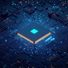 Fototapeta premium Glowing chip on circuit board with many paths, usable for tech, AI, and future topics