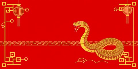 Golden snake silhouette on a vibrant red background with Chinese New Year 2025 greeting text, perfect for a vertical banner poster design, snake, background, chinese