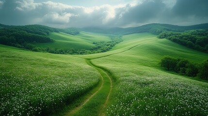 Dirt road winds through flowering fields in hilly valley under cloudy sky