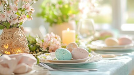 A beautifully set Easter table with decorated eggs, fresh spring flowers, pastel-colored napkins, and candles.