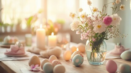 A beautifully set Easter table with decorated eggs, fresh spring flowers, pastel-colored napkins, and candles.
