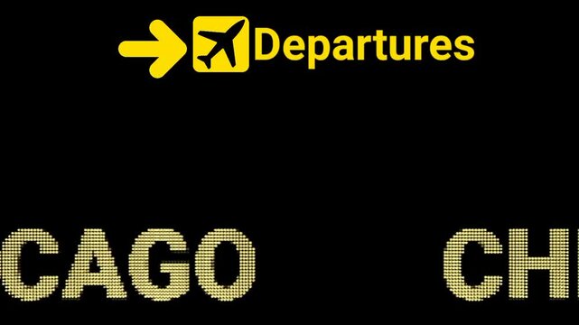 Animated LED Sign Board Displaying Departures at CHICAGO Airport with Black Background. Suitable for airport signage, travel marketing campaigns, digital ads, and motion graphic projects