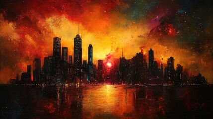 Fototapeta premium A futuristic oil-textured city skyline with glowing accents in vibrant hues