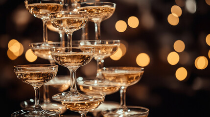 Golden champagne tower with sparkling wine cascading into crystal glasses, capturing the essence of celebration in a glamorous evening setting