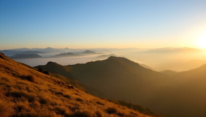 Sunrise over misty mountain range with golden grassy slopes, blue sky, and distant peaks fading into the horizon.