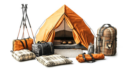 Orange camping tent with accessories including backpacks, pillows, and hiking poles, all set against white background. setup conveys sense of adventure and outdoor readiness