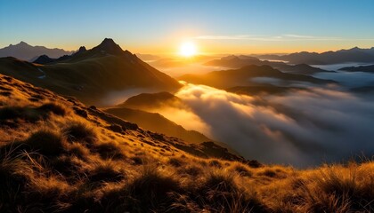 Sunrise over misty mountain range with golden grassy slopes, blue sky, and distant peaks fading into the horizon.