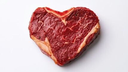 Obraz premium Heart-Shaped Raw Beef Cut on White Surface Perfect for Culinary Art and Romantic Dinner Preparation, Showcasing Freshness and Unique Presentation for Meat Lovers