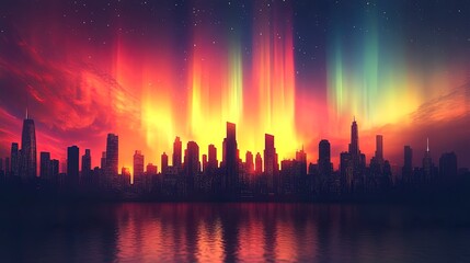 Fototapeta premium A futuristic cityscape silhouette against a radiant, abstract aurora borealis sky