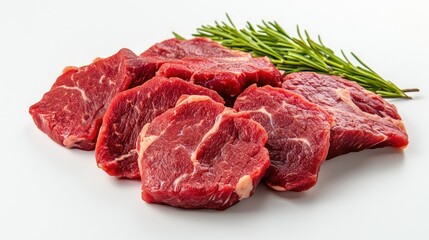 Fresh Cuts of Raw Beef with a Garnish of Rosemary Sprigs on a White Background for Culinary and Food Presentation Purposes