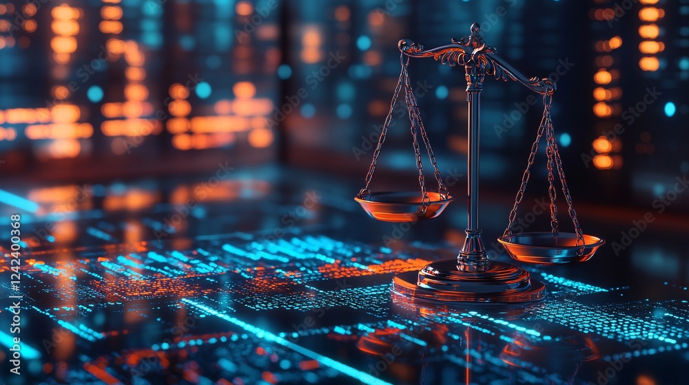 Aufkleber Digital data background with justice scales symbolizing the concept of law and justice in the modern era