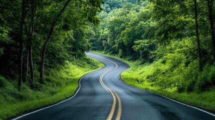 Obraz premium Scenic Winding Road Surrounded by Lush Greenery and Trees in a Serene Natural Landscape Perfect for Travel and Adventure Enthusiasts