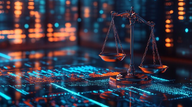 Digital data background with justice scales symbolizing the concept of law and justice in the modern era