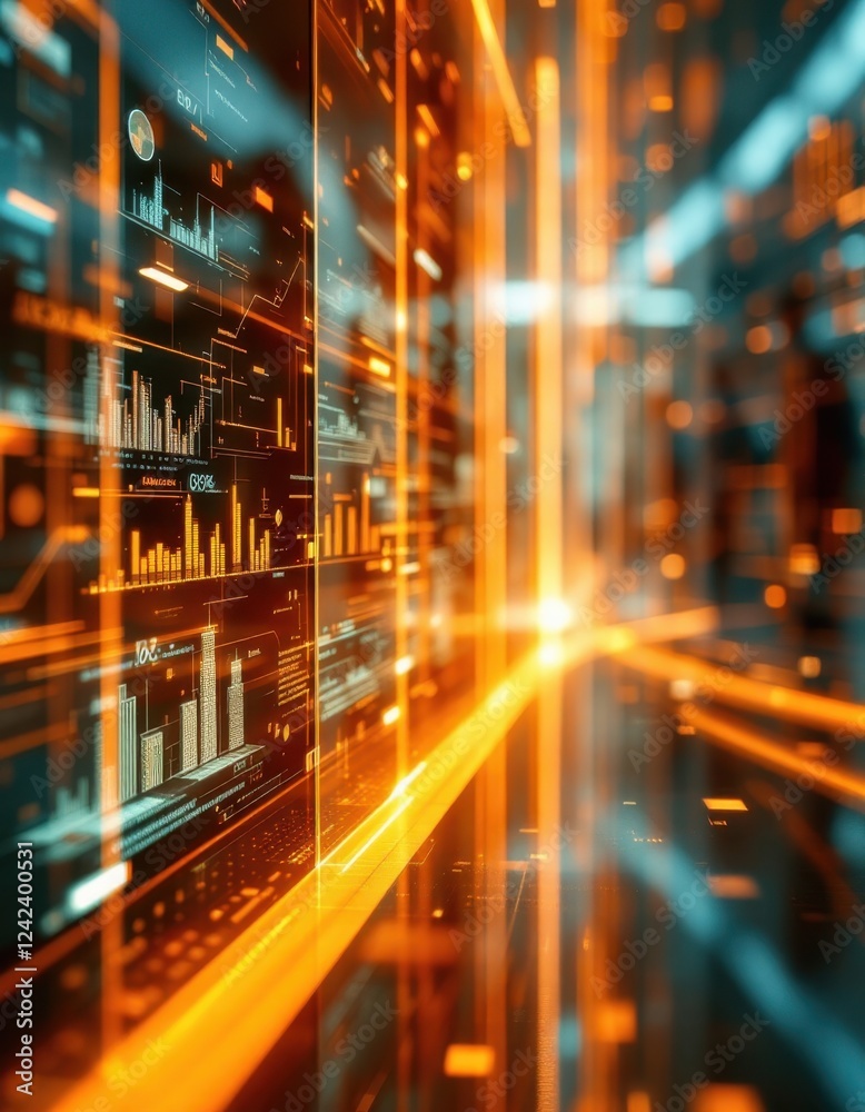 Poster dynamic glowing data visualization interface with orange digital graphics