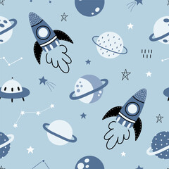 Seamless pattern with cute space, planets, stars, ufo, constellations, rockets, saturn on light blue background. Creative kids texture for fabric, prints, wallpaper, decorations, textiles.