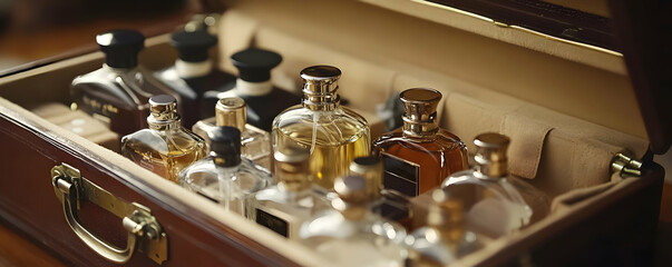 An elegant collection of vintage perfumes arranged in a luxurious wooden case.