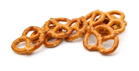 Crispy pretzels on white background