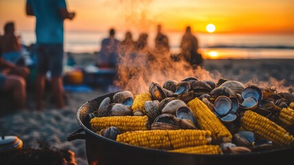 Steaming clams and corn on the cob cook over a beach bonfire at sunset. Perfect for summer, beach, food, and relaxation themes.