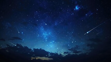 Majestic Night Sky Displaying Stellar Phenomena with Shooting Stars and Twinkling Constellations Illuminating a Dark Blue Atmosphere