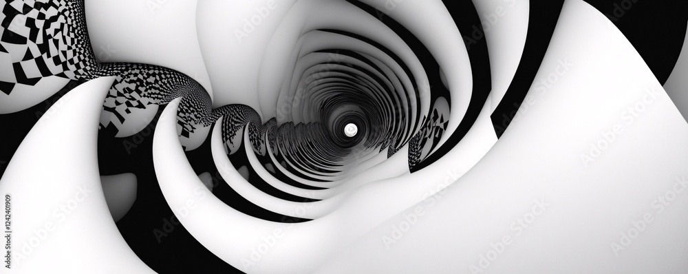 Aufkleber Abstract black and white swirling tunnel with checkered pattern leading to the light