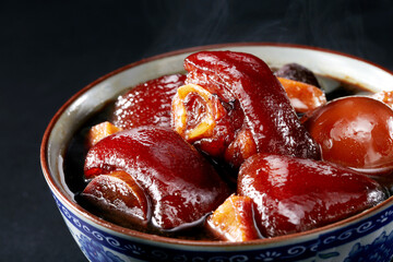 Closeup of homemade sweet and sour pork knuckle snack