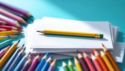 Naklejka premium Colorful pencils on white paper: creative art tools with vibrant colors