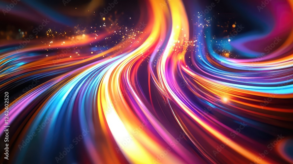 Poster vibrant and colorful abstract swirling patterns with light trails and sparkles in a dynamic flowing 