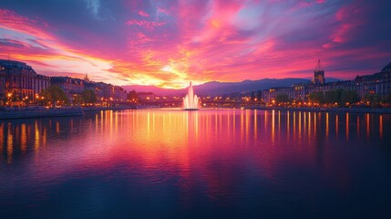 Fototapeta premium Vibrant sunset over city lake with fountain.