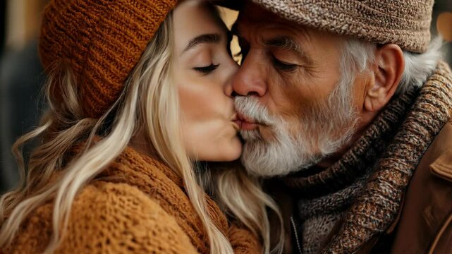 Wealthy Old man kissing a beautiful attractive stylish young woman