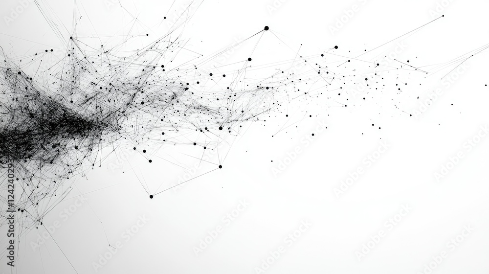 Poster abstract digital art showcasing a network of interconnected points and lines representing data flow,