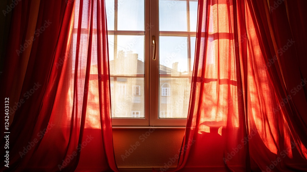 Aufkleber sunlight streaming through a window in an apartment, illuminating red curtains