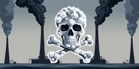 Illustration of toxic smoke forming a skull and crossbones, emerging from industrial chimneys. A powerful environmental warning about air pollution, climate change, and industrial waste.