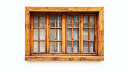 Obraz premium Wooden Window Frame with Multiple Panes Overlooking a Bright Wall, Showcasing Natural Wood Grain and Classic Design in a Beautiful Architectural Element