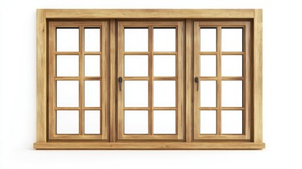 Obraz premium Elegant wooden window design featuring three panels with geometric grids, ideal for a modern or rustic interior atmosphere, allowing ample natural light to enter.
