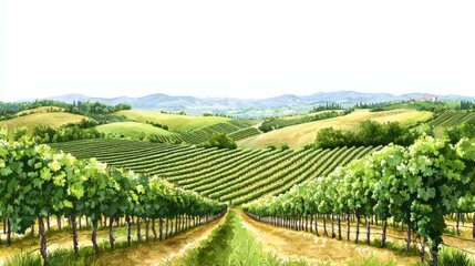 Naklejka premium Scenic Vineyard Landscape with Lush Green Grapevines, Rolling Hills, and Blue Sky in Beautiful Countryside