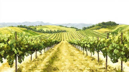 Fototapeta premium Lush Vineyard Landscape with Rows of Grapevines and Rolling Hills Under a Clear Sky
