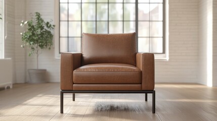 A stylish brown armchair stands in a well-lit room, surrounded by natural light and greenery, creating a cozy and inviting atmosphere.