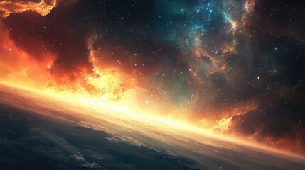 Stunning Cosmic Horizon with Vibrant Colors, Starry Skies, and Swirling Nebulae Showcasing the Beauty of Outer Space and Celestial Phenomena in a Dramatic View