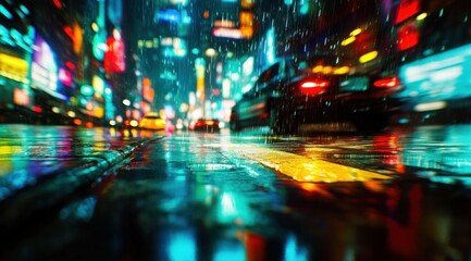 Rainy Night Cityscape: Vibrant Lights and Motion Blur