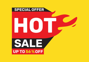 56 Percentage off HOT SALE on a bright yellow background vector illustration.