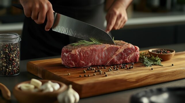 a person's hands holding a large knife and cutting a piece of raw meat on a wooden cutting board
