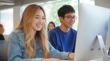 Obraz premium a young asia couple sitting at a desk in front of a computer monitor