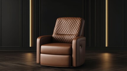 A stylish brown recliner chair with quilted leather upholstery, set against a dark backdrop with subtle lighting accents.