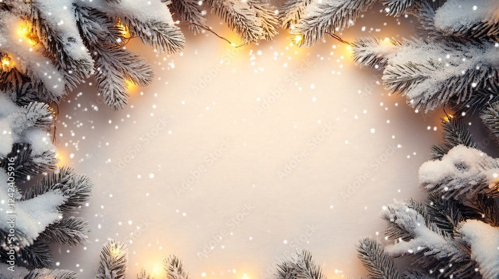 Poster Christmas tree branches covered in snow framing a snowy background with sparkling lights