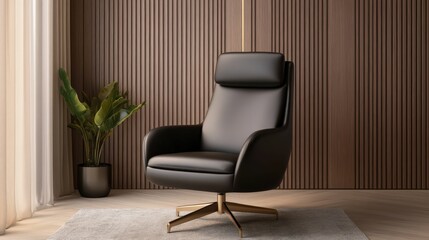 A sleek, modern black chair sits elegantly against a wooden wall, accompanied by a potted plant, enhancing a serene and stylish interior.